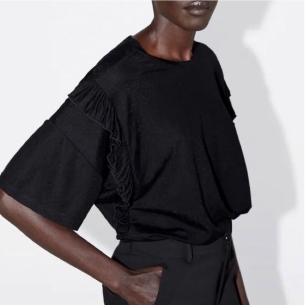 Zara NWT Black Oversized Ruffle Detail Short Sleeve Tee